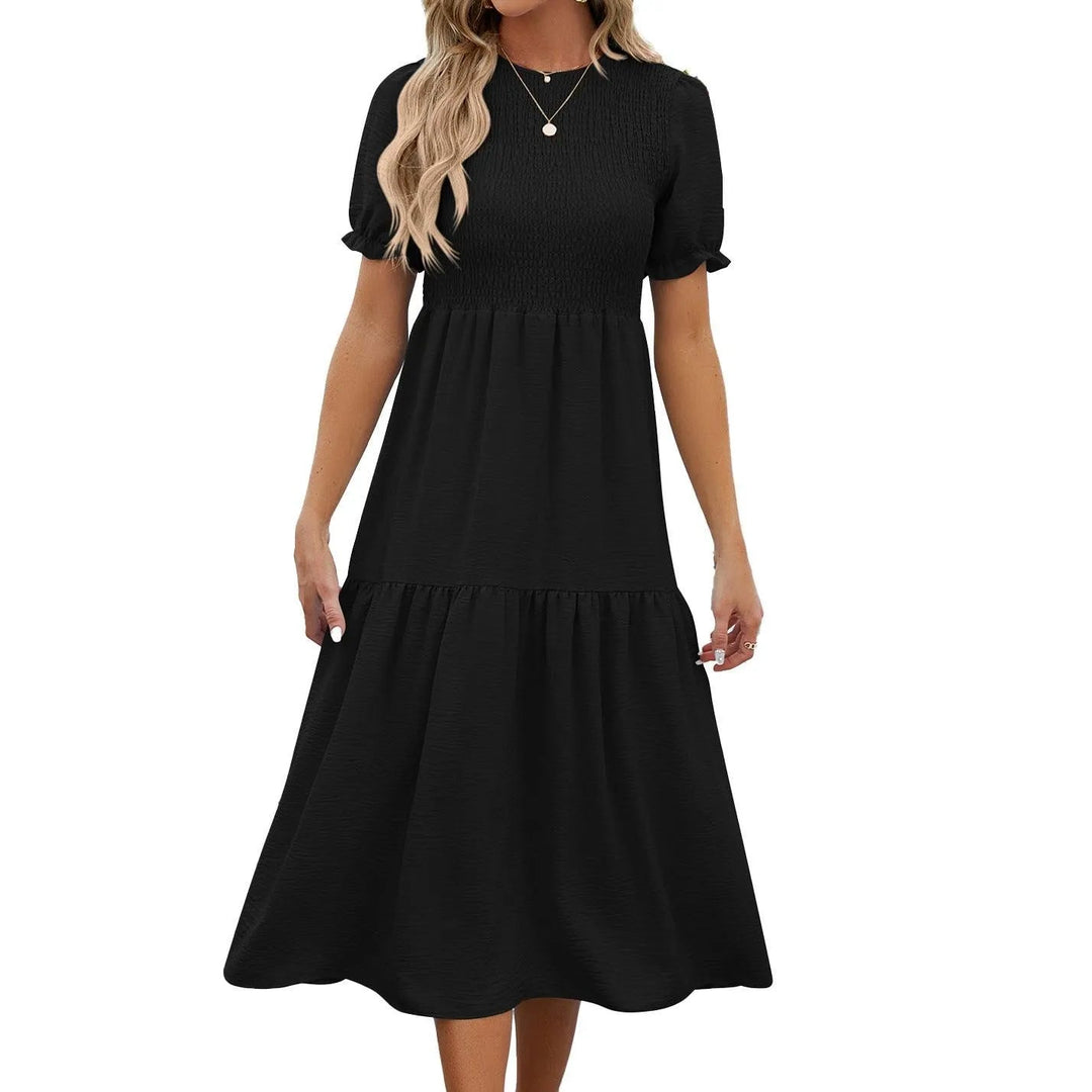 Levoire | Robe décontractée à manches courtes avec manches bouffantes et encolure estivale ronde Noir