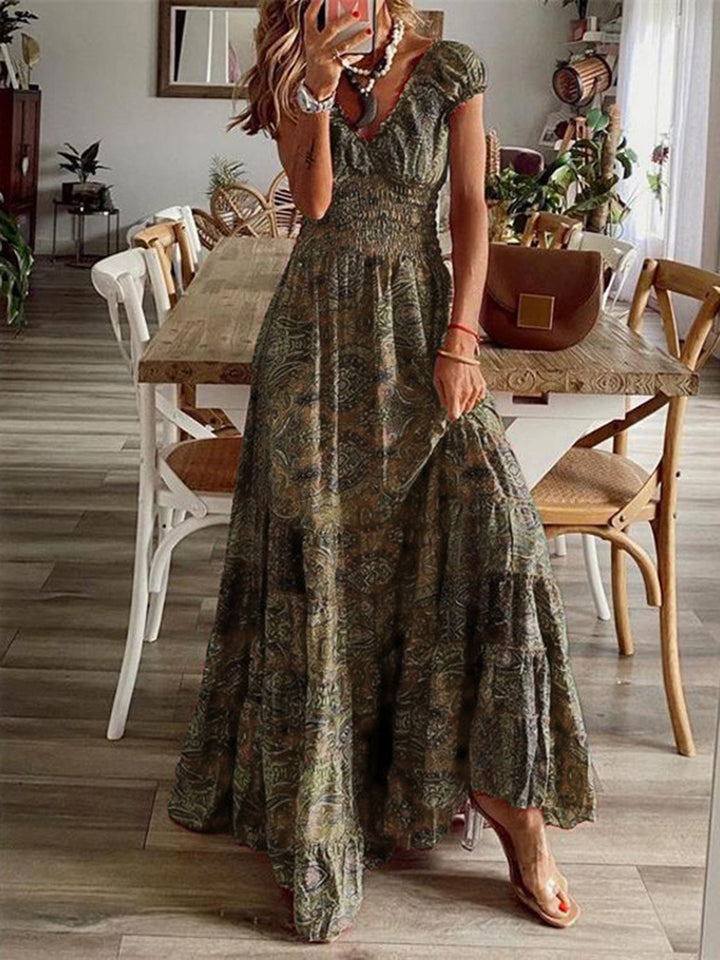 Levoire | Robe à manches courtes avec col en V et imprimé fumé en taille réelle Brun olive