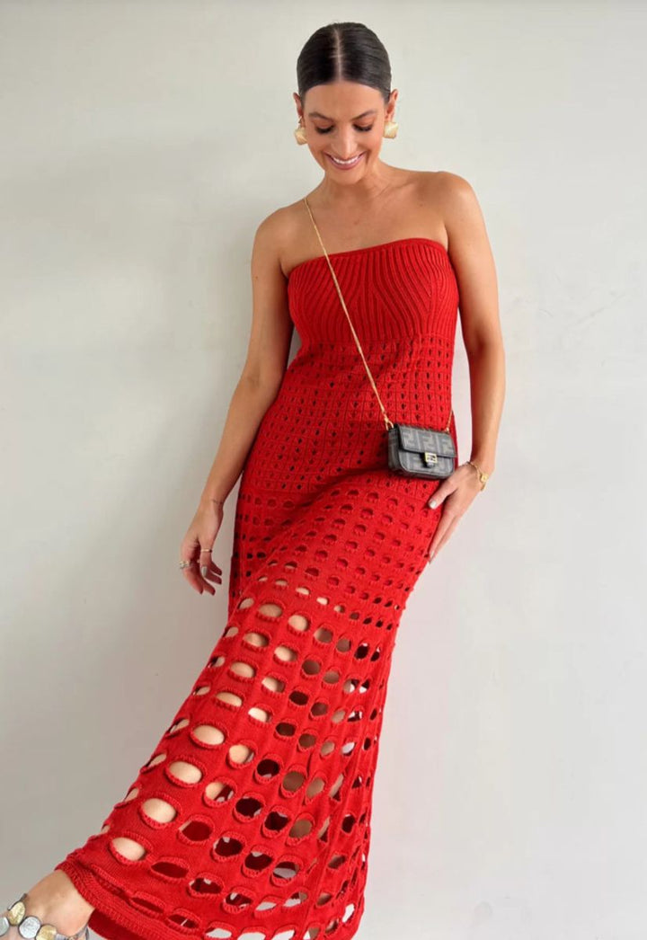 Levoire | Robe Maxi Patchwork Sans Épaules Avec Style Rustique Et Découpes Rot