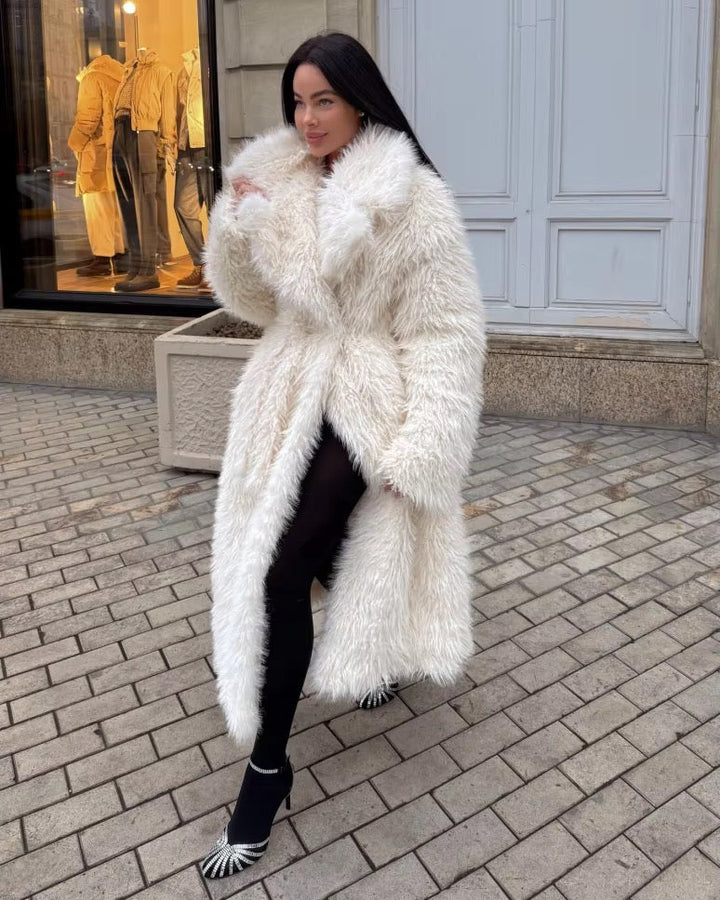 Levoire | Manteau Élégant Pour Femmes Long En Fausse Fourrure Blanche
