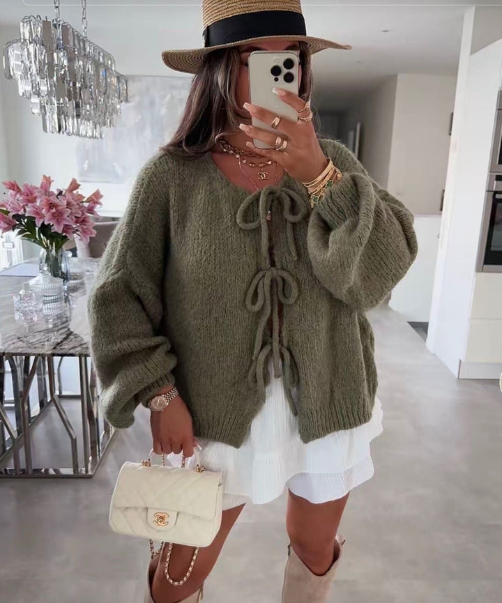 Levoire | Élégante Veste En Tricot Avec Nœud Vert