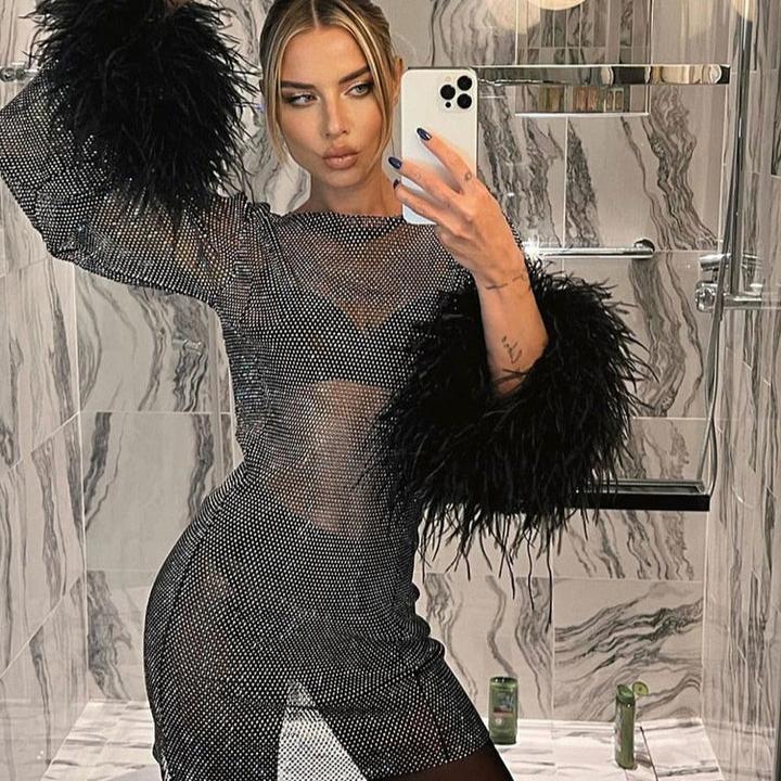 Levoire | Robe En Tissu À Col Rond Et Détails En Fourrure Noir