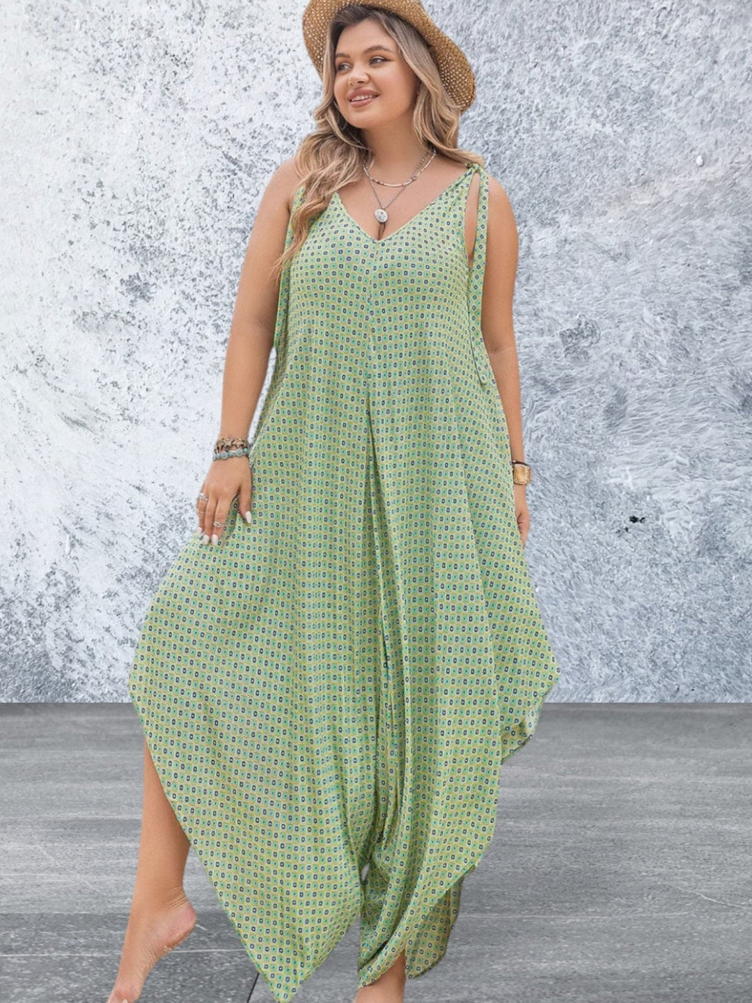 Levoire | Grandes Tailles Combinaison Imprimée À Décolleté En V Pantalon Large Gummiblatt