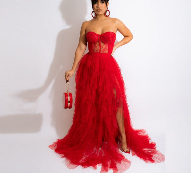 Levoire | Rouge Corset En Filet Robe Maxi