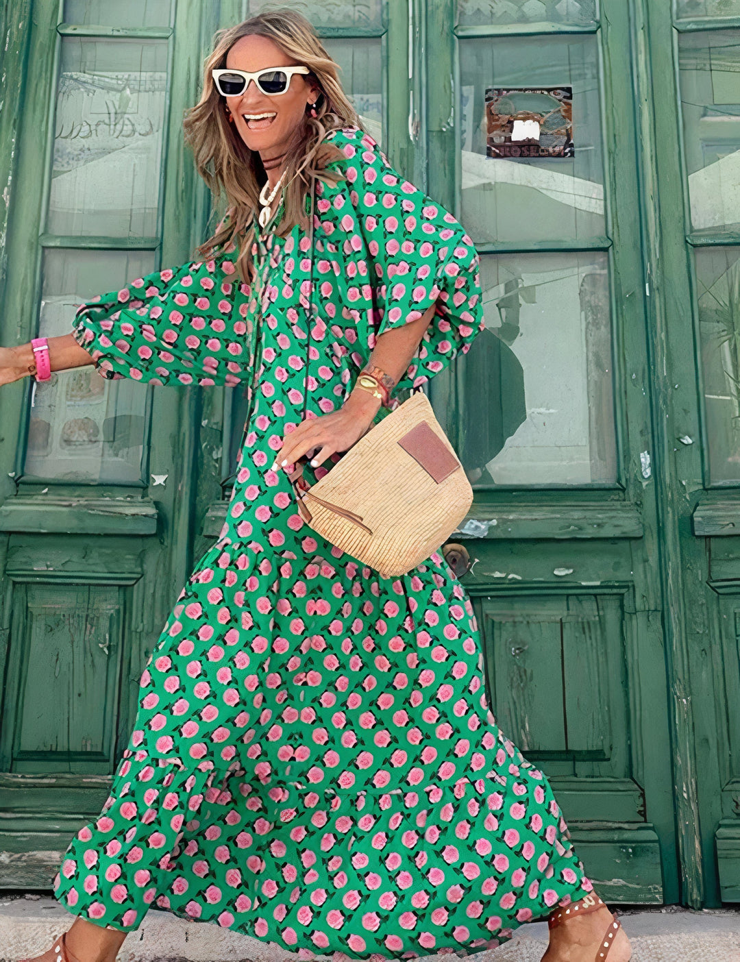 Levoire | Robe Bohémienne Longue Pour Femmes Vert et rose