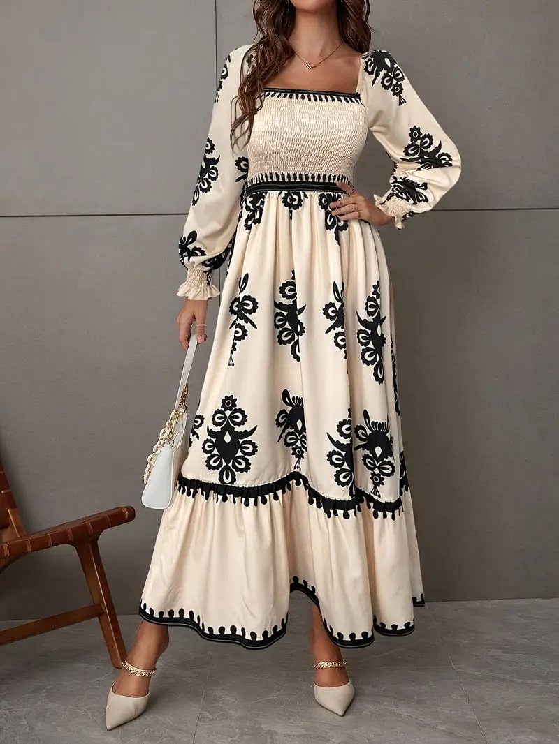Levoire | Robe Maxi Élégante Avec Motif Géométrique Crème avec Noir