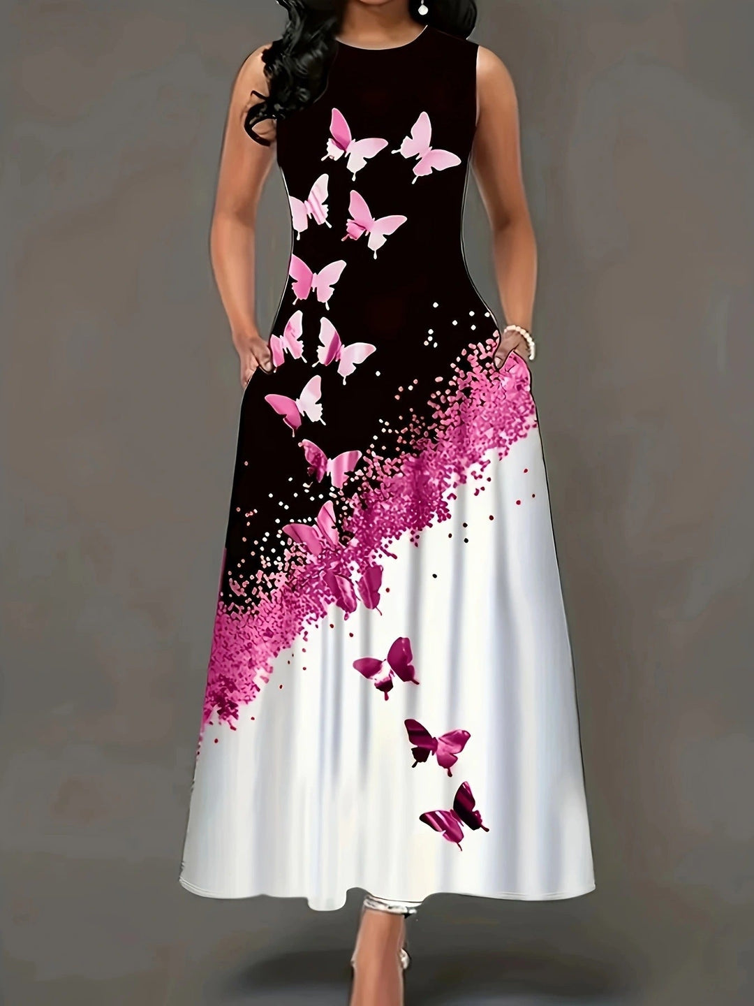 Levoire | Robe Élégante À Motifs De Papillons Avec Poches Et Coupe Fluide Rosa