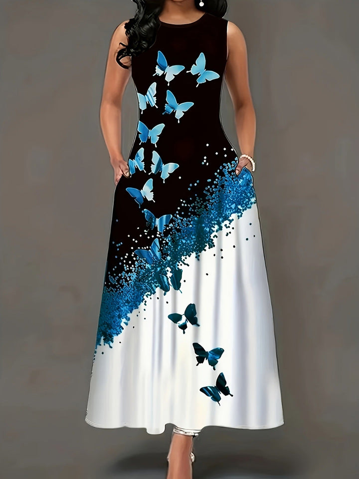 Levoire | Robe Élégante À Motifs De Papillons Avec Poches Et Coupe Fluide Bleu