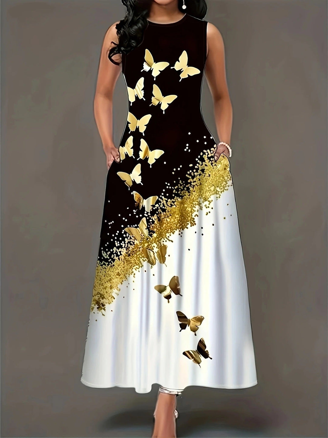 Levoire | Robe Élégante À Motifs De Papillons Avec Poches Et Coupe Fluide Noir