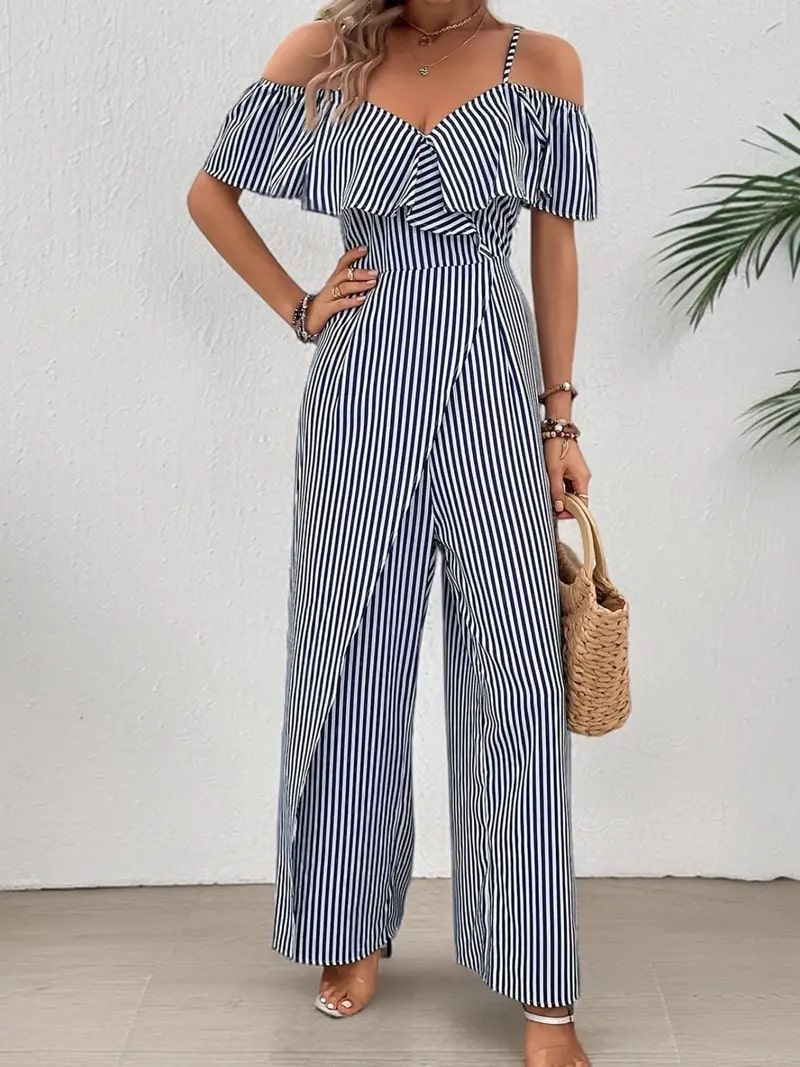 Levoire | Jumpsuit Rayé Élégant Avec Détail À Volants Bleu-blanc rayé