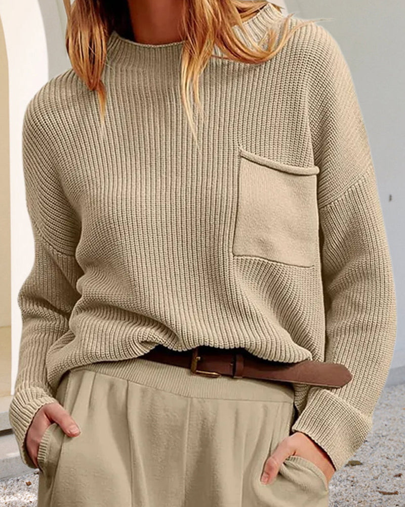Levoire | Beau Pull Avec Col Rond, Manches Longues Et Poches Pour Femmes Khaki