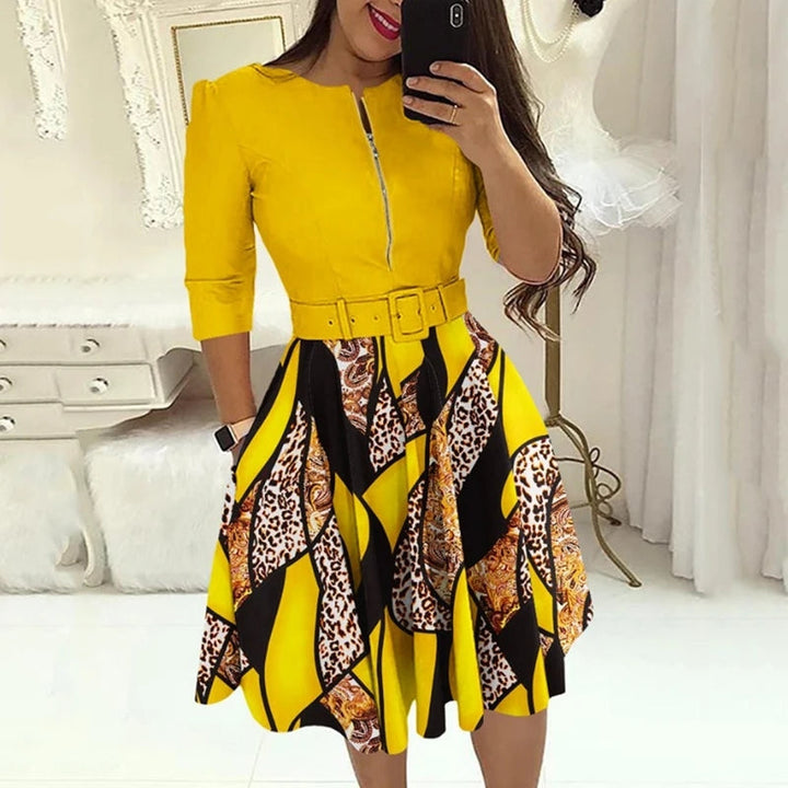 Levoire | Robe Midi Élégante Avec Fermeture Éclair Et Ceinture Jaune