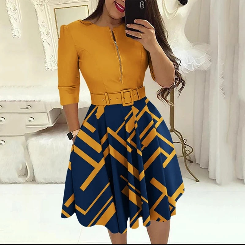 Levoire | Robe Midi Élégante Avec Fermeture Éclair Et Ceinture Jaune moutarde