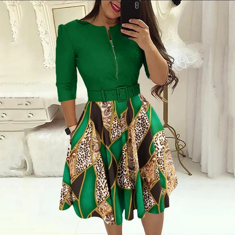 Levoire | Robe Midi Élégante Avec Fermeture Éclair Et Ceinture Vert