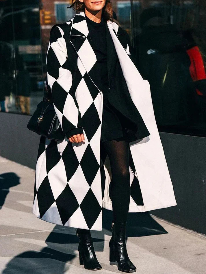 Levoire | Manteau En Laine Avec Revers Long À Manches Design à carreaux