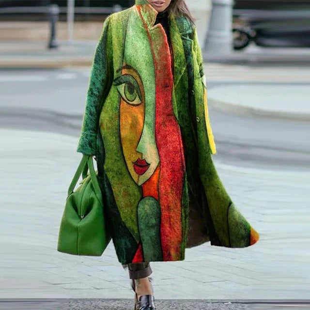 Levoire | Manteau En Laine Avec Revers Long À Manches Conception de visage pour femmes (Vert)