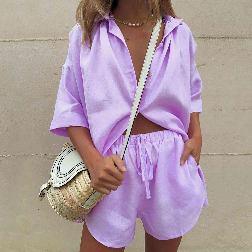 Levoire | Ensemble Assorti Décontracté Deux Pièces Short & Chemise Outfit Est Un Incontournable Pour L'Été Violet