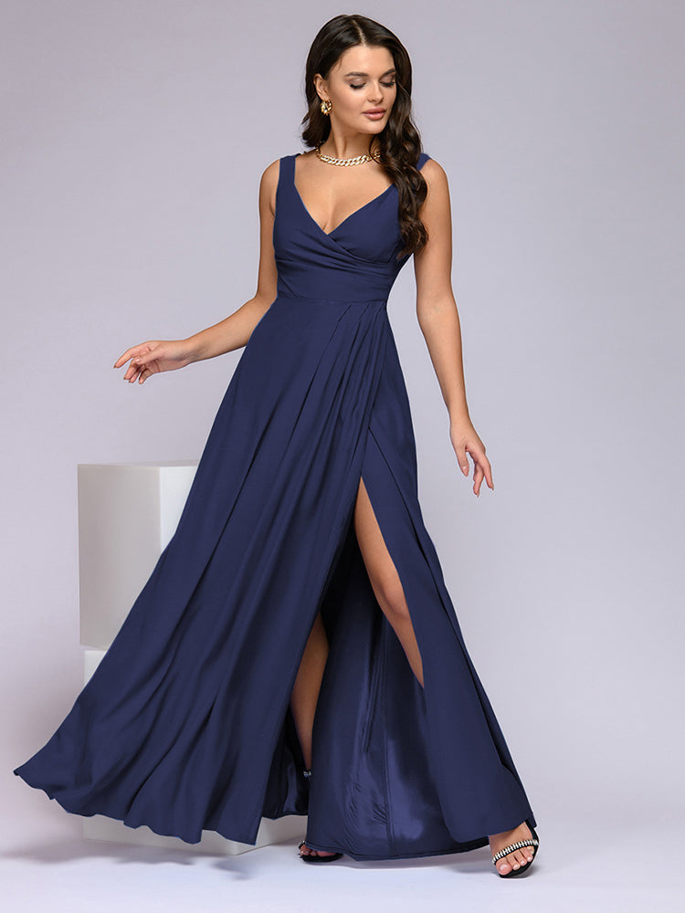 Levoire | Robe Maxi Élégante Avec Décolleté En V Profond Et Fente Bleu