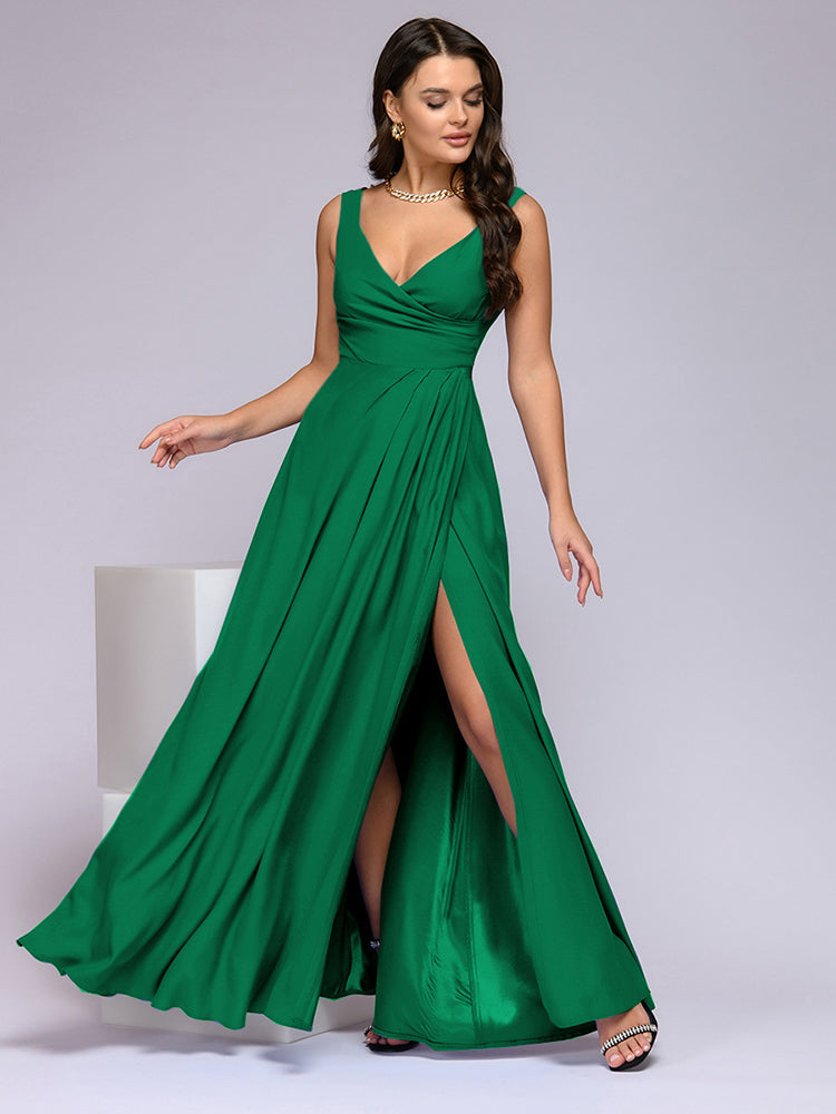 Levoire | Robe Maxi Élégante Avec Décolleté En V Profond Et Fente Vert
