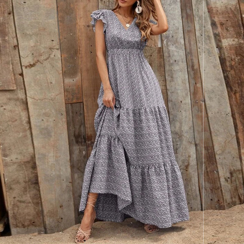 Levoire | Robe Maxi Élégante Avec Décolleté En V Et Motif Floral Gris