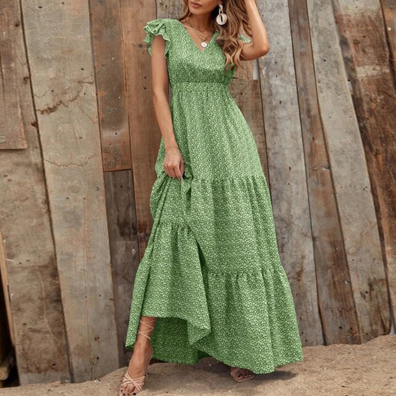 Levoire | Robe Maxi Élégante Avec Décolleté En V Et Motif Floral Vert