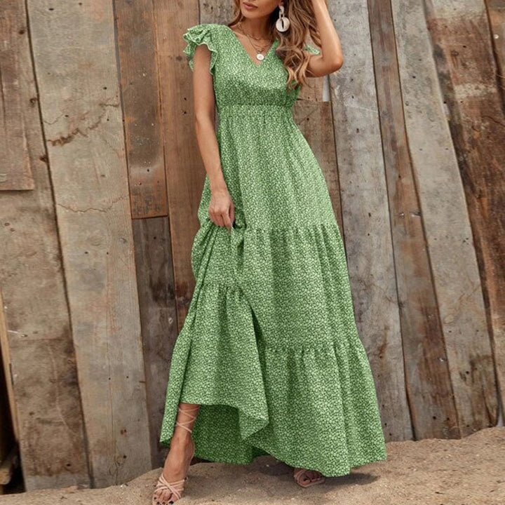 Levoire | Robe Maxi Élégante Avec Décolleté En V Et Motif Floral Vert