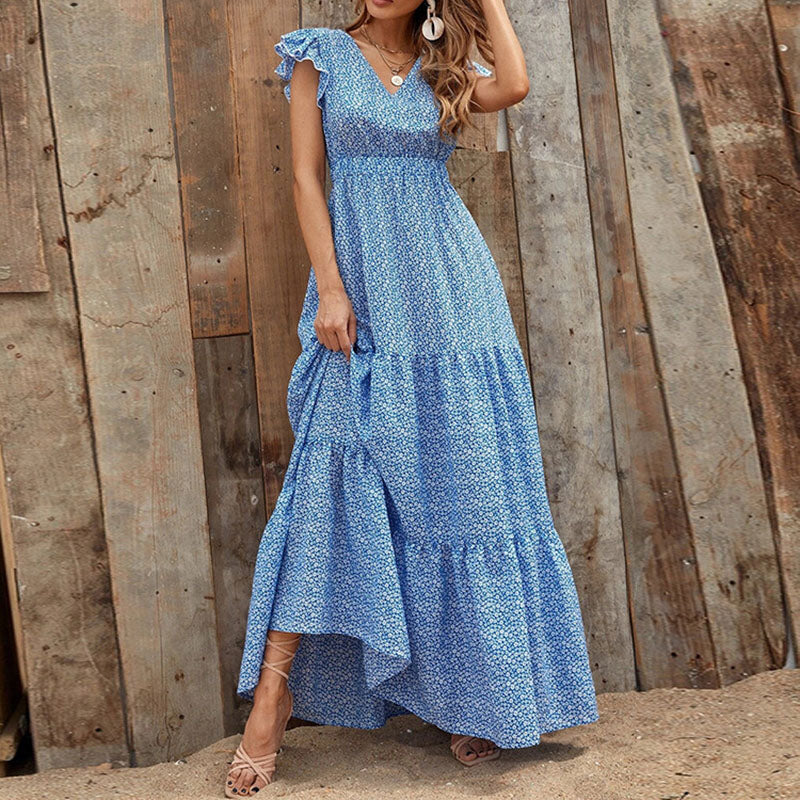 Levoire | Robe Maxi Élégante Avec Décolleté En V Et Motif Floral Bleu