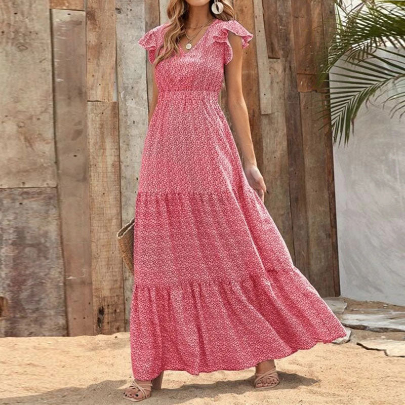 Levoire | Robe Maxi Élégante Avec Décolleté En V Et Motif Floral Rot