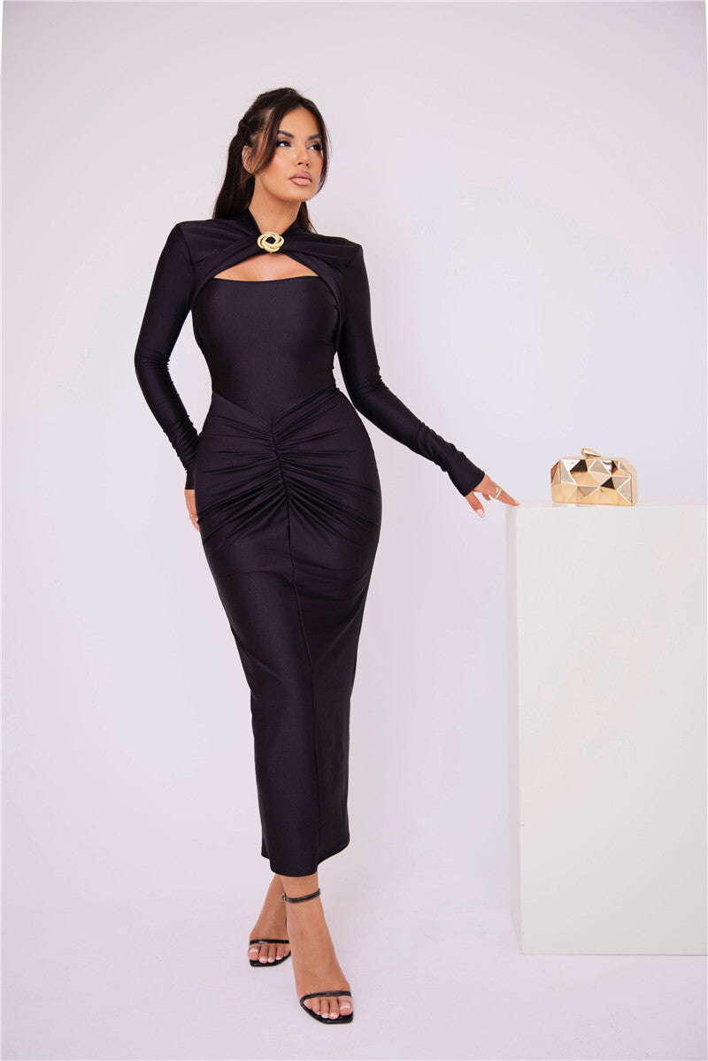 Levoire | Robe Élégante Avec Détail En Métal Et Drapé Noir
