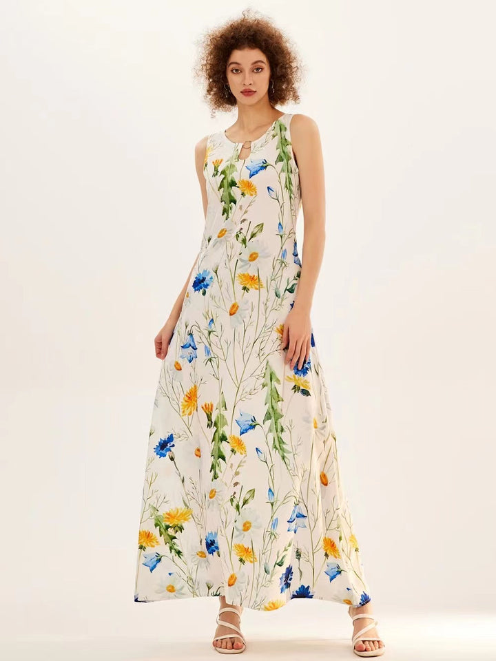 Levoire | Robe Longue Sans Manches À Fleurs Avec Décolleté En V Blanc