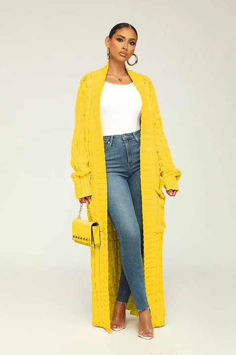 Levoire | Luxe Longue Veste En Tricot Avec Poches Jaune