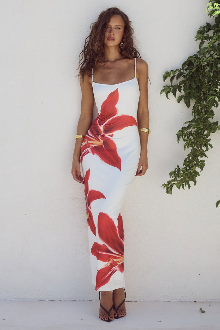 Levoire | Robe Ajustée Avec Motif Floral Blanc-Rouge
