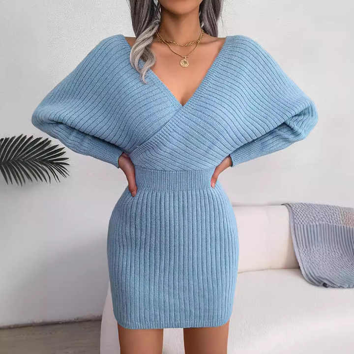 Levoire | Robe Pull Côtelée Élégante Avec Décolleté En V Bleu ciel