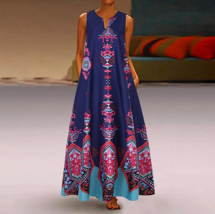 Levoire | Robe Maxi Bohémienne Avec Impression Unique Bleu