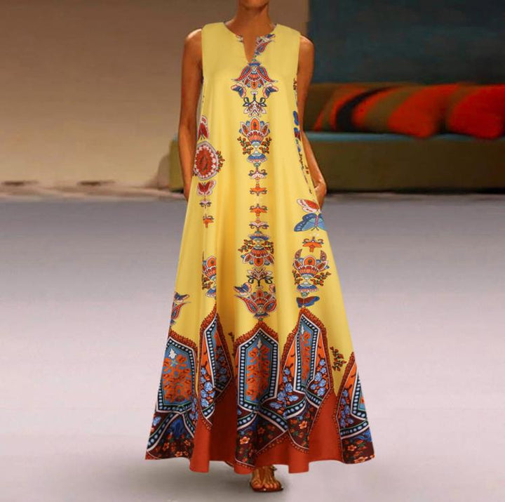 Levoire | Robe Maxi Bohémienne Avec Impression Unique Jaune