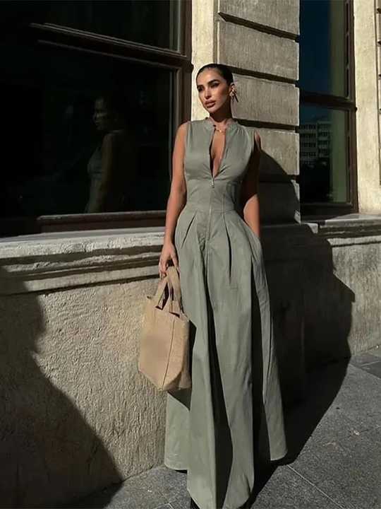 Levoire | Robe Maxi Sans Manches Élégante À Taille Haute Vert olive