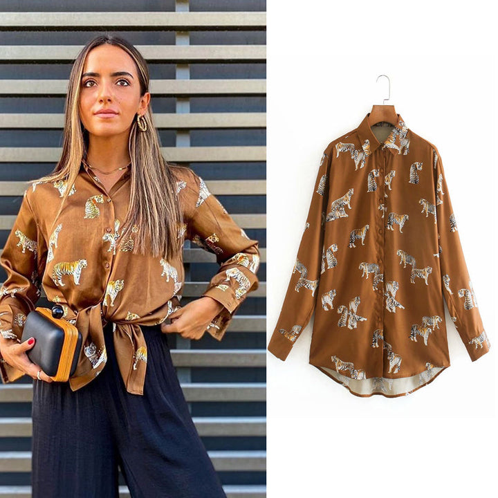 Levoire | Imprimé Animal Blouse Une Blouse Élégante En Satin Pour Femmes Marron (ÉPUISÉ)