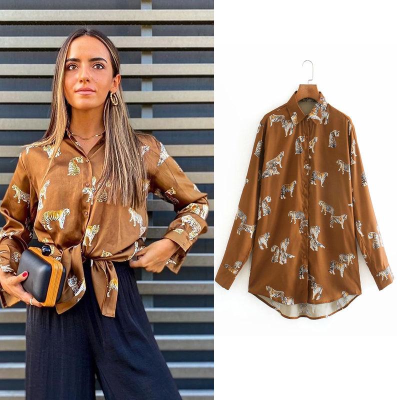 Levoire | Blouse En Satin Imprimée - Une Élégante Blouse En Satin Pour Femmes Braun (ÉPUISÉ)