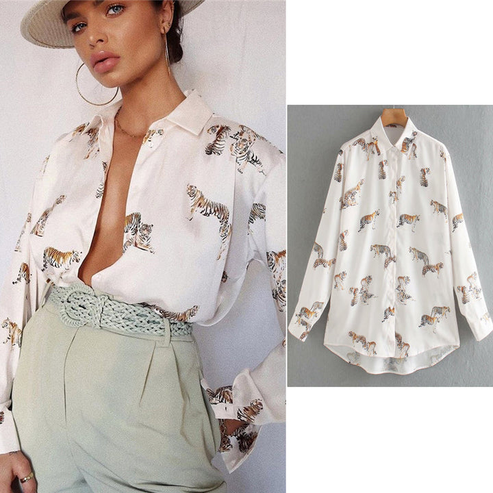 Levoire | Imprimé Animal Blouse Une Blouse Élégante En Satin Pour Femmes Beige (ÉPUISÉ)