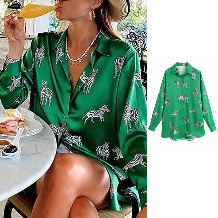 Levoire | Imprimé Animal Blouse Une Blouse Élégante En Satin Pour Femmes Vert