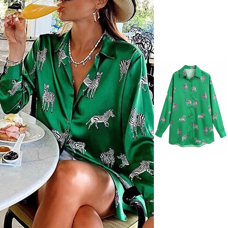 Levoire | Blouse En Satin Imprimée - Une Élégante Blouse En Satin Pour Femmes Vert