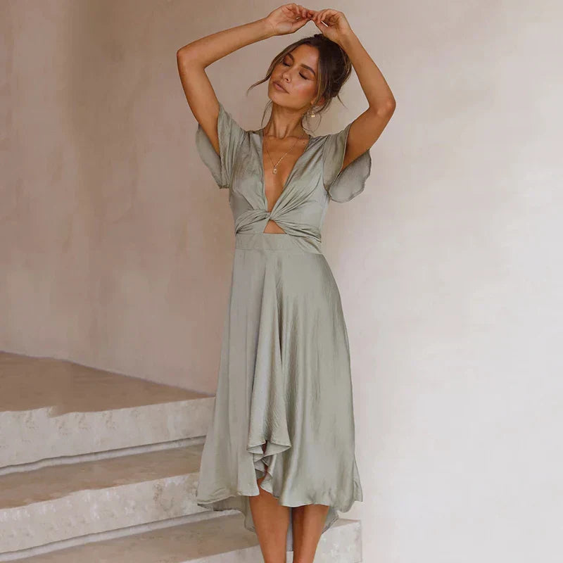 Levoire | Élégante Robe Midi À Manches Flutter Vert foncé (Presque épuisé) XL (14-16)
