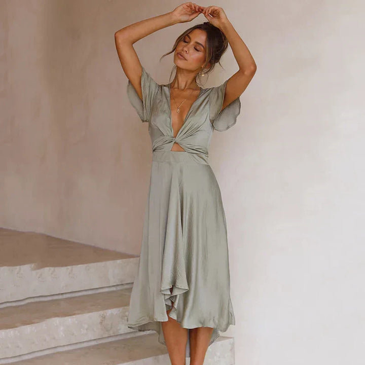 Levoire | Élégante Robe Midi À Manches Flutter Vert foncé (Presque épuisé) XL (14-16)