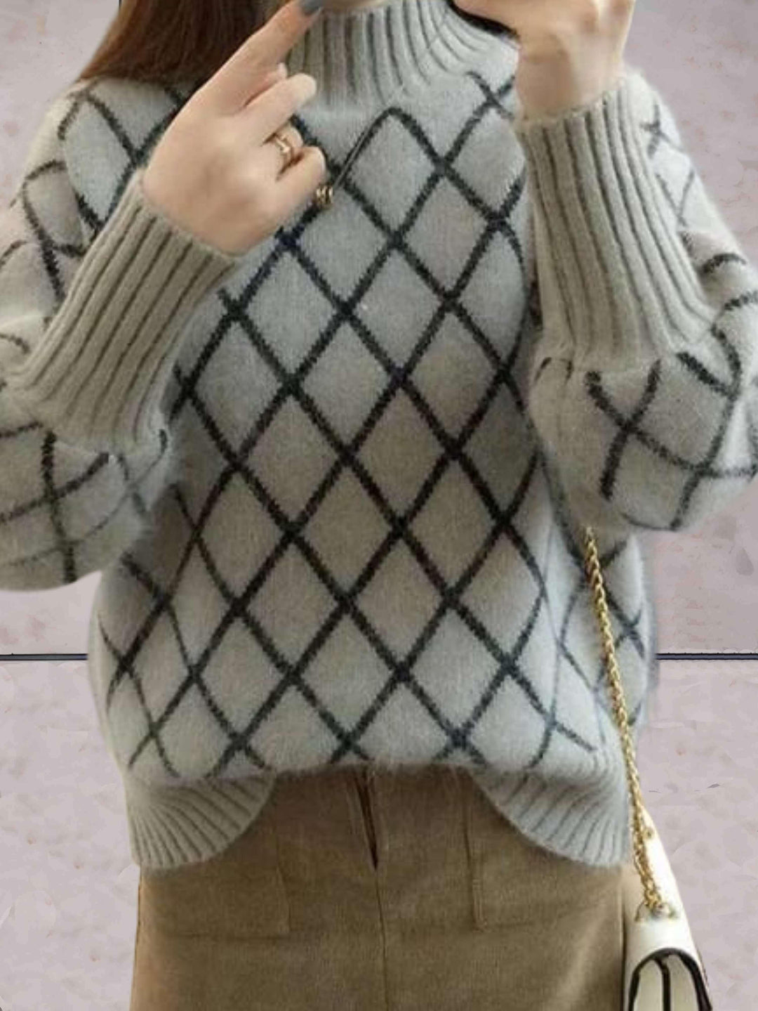 Levoire | Pull Argyle Tricoté Simple Avec Col Roulé Et Manches Rippées Gris