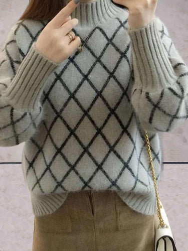 Levoire | Pull Argyle Tricoté Simple Avec Col Roulé Et Manches Rippées