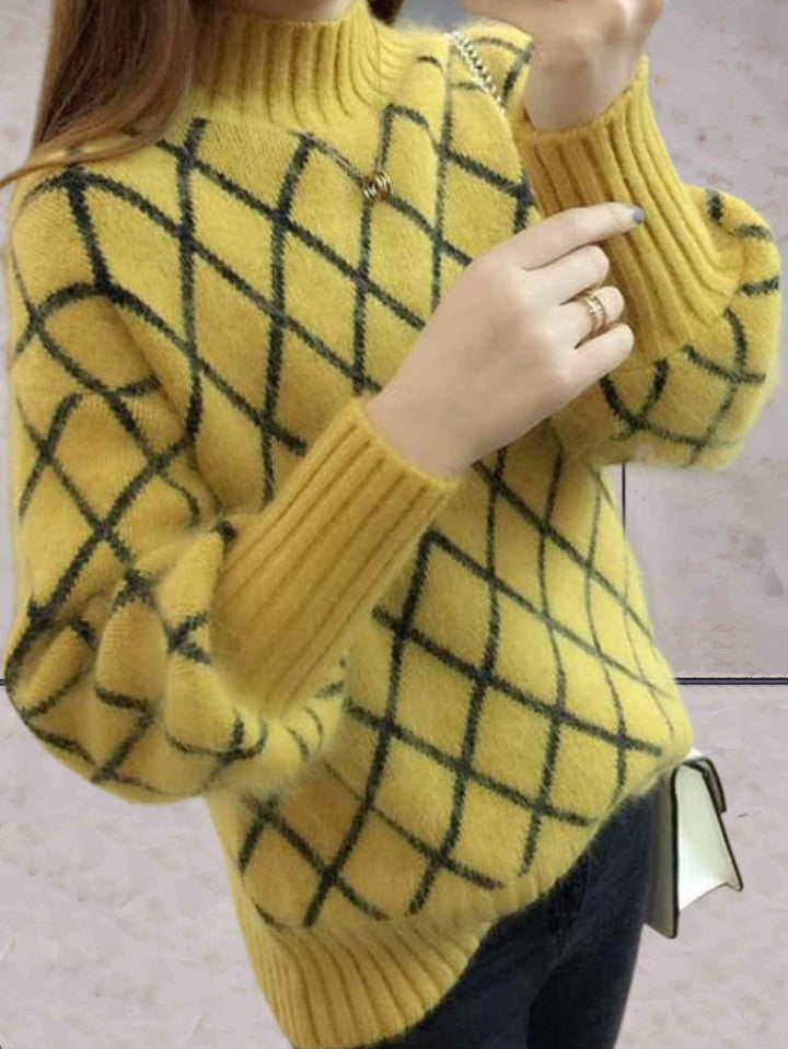 Levoire | Pull Argyle Tricoté Simple Avec Col Roulé Et Manches Rippées Jaune
