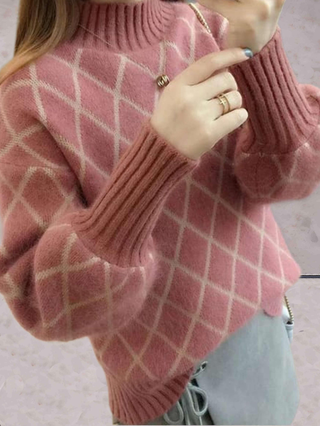 Levoire | Pull Argyle Tricoté Simple Avec Col Roulé Et Manches Rippées Rot