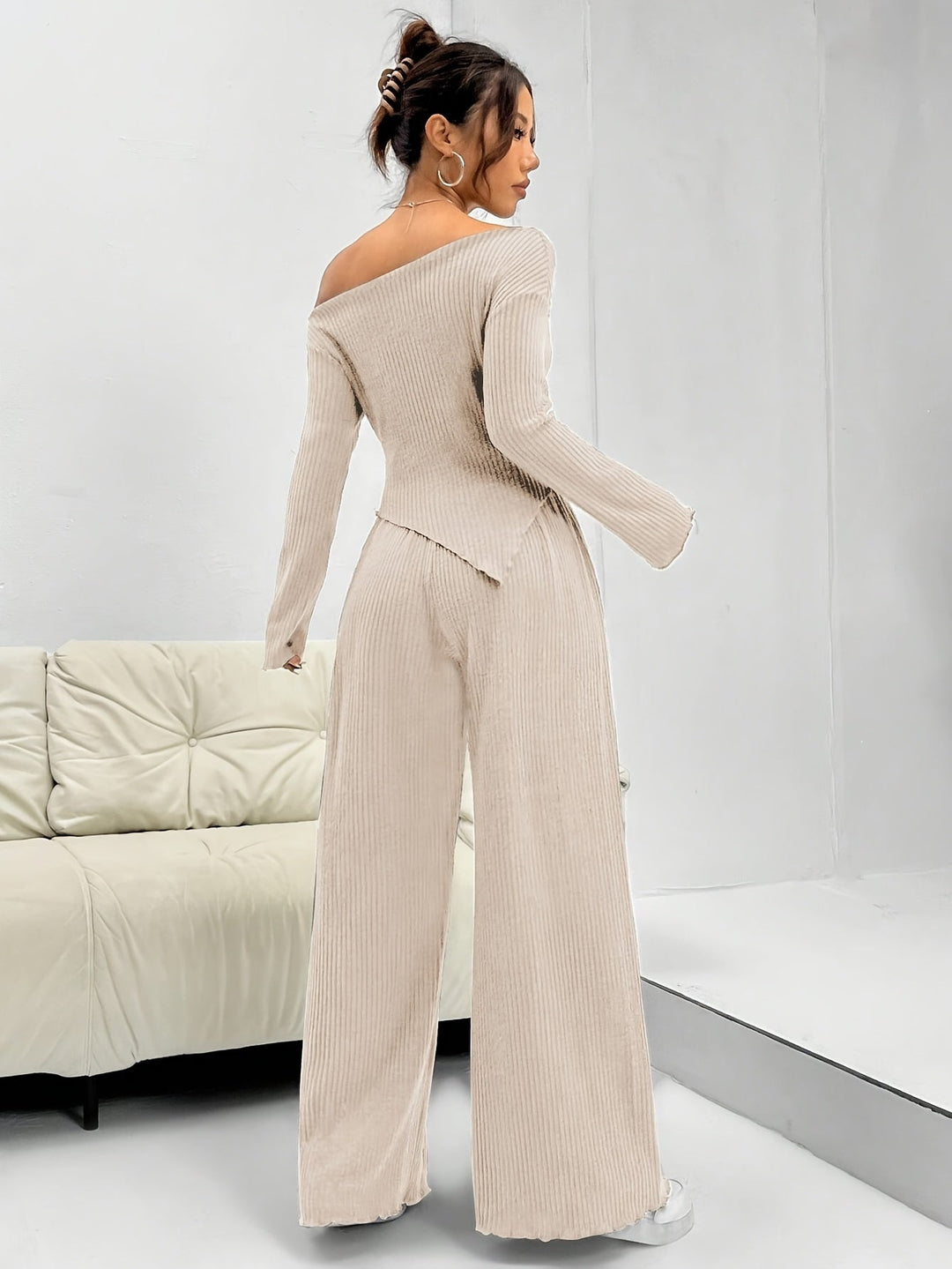 Levoire | Ensemble Tricot Côtelé Épaules Nues Avec Jambes Larges