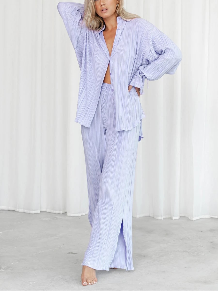 Levoire | Elegant Plissé Femmes Ensemble À Manches Longues Lilas
