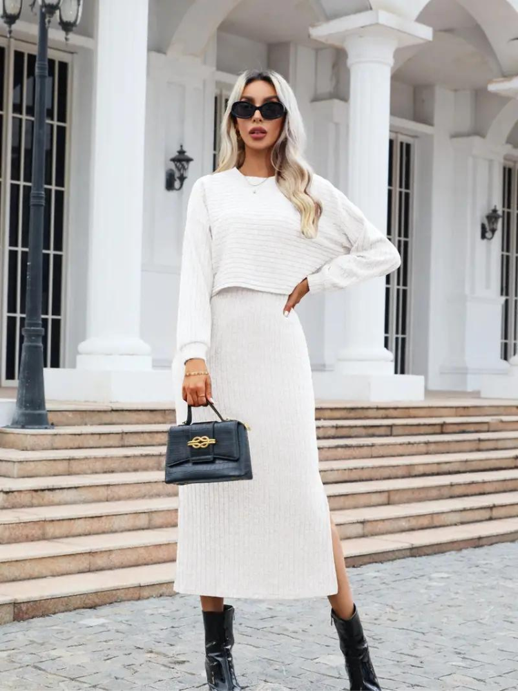 Levoire | Ensemble Parfait Robe Élégante & Pull Pour Femmes Blanc